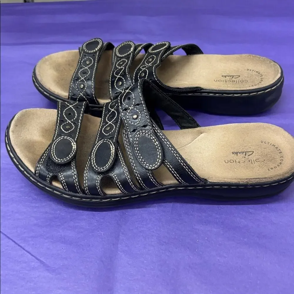 Clarks Black Leisa Cacti Strappy Sandals Stitch Detail Comfort Cushioned Boho 8M